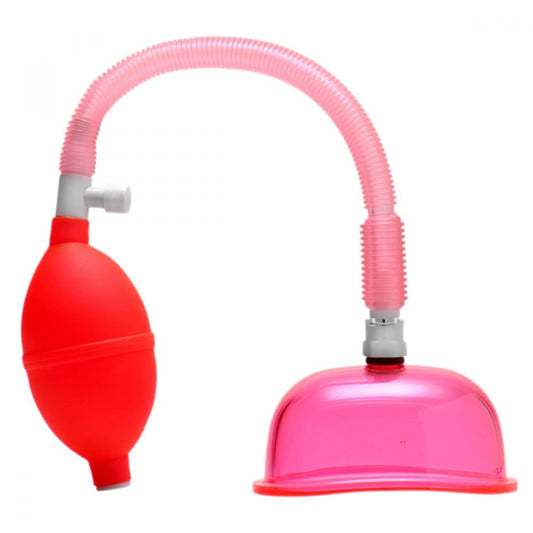 Size Matters vaginal pump with pink dome and red bulb.