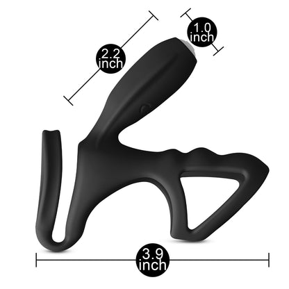 Black dual stimulator with clitoral vibrator and cockring showing product dimensions in inches.