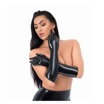 Latex elegance: Woman wearing Me You Us full-length gloves and skirt.