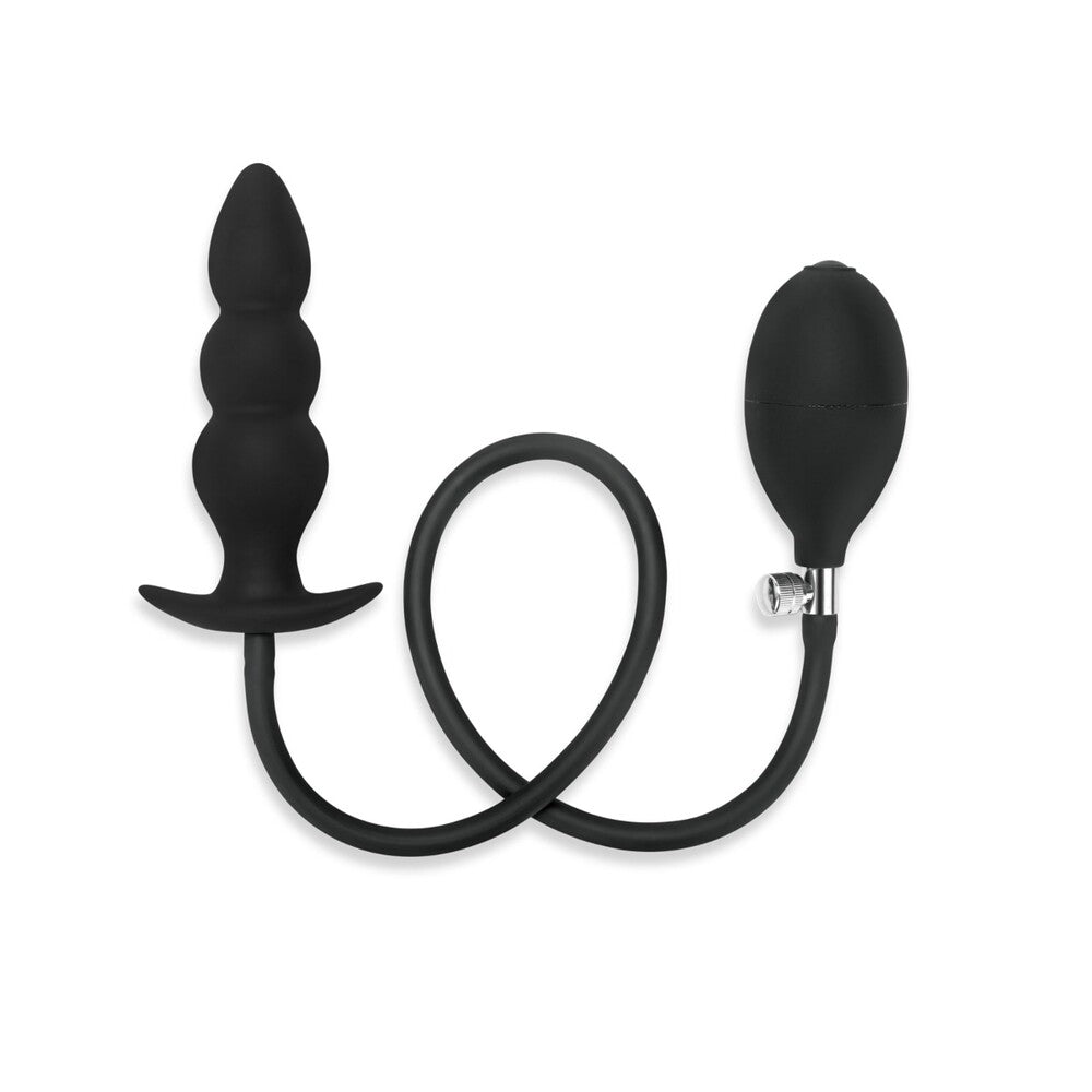 Black inflatable beaded butt plug with hand pump.