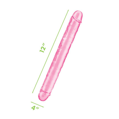 Pink double-ended dildo with dimensions shown