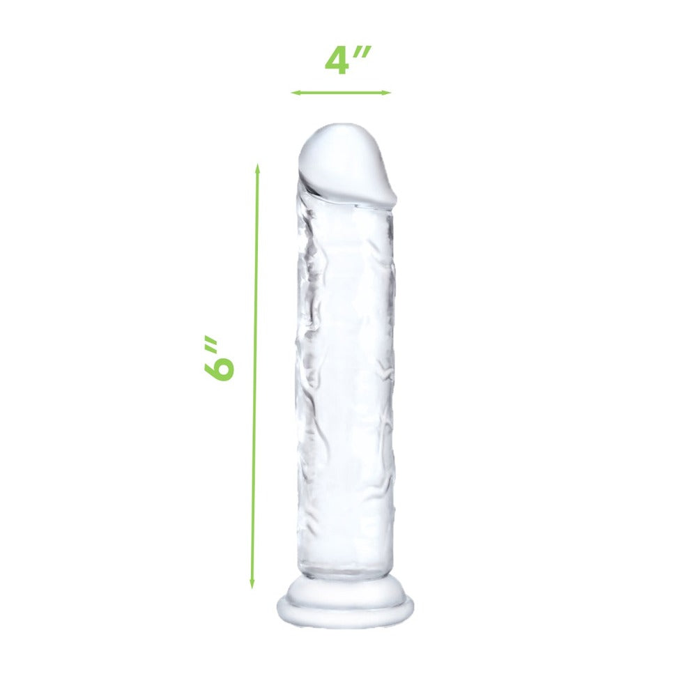 Clear, 6-inch dong by Me You Us, with a textured shaft and a 4-inch head, perfect for exploring pleasure.