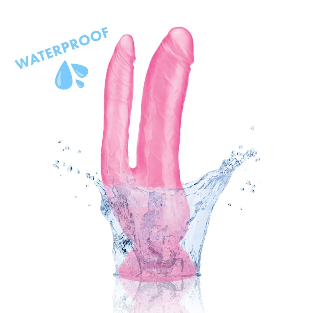Pink double dildo with waterproof label