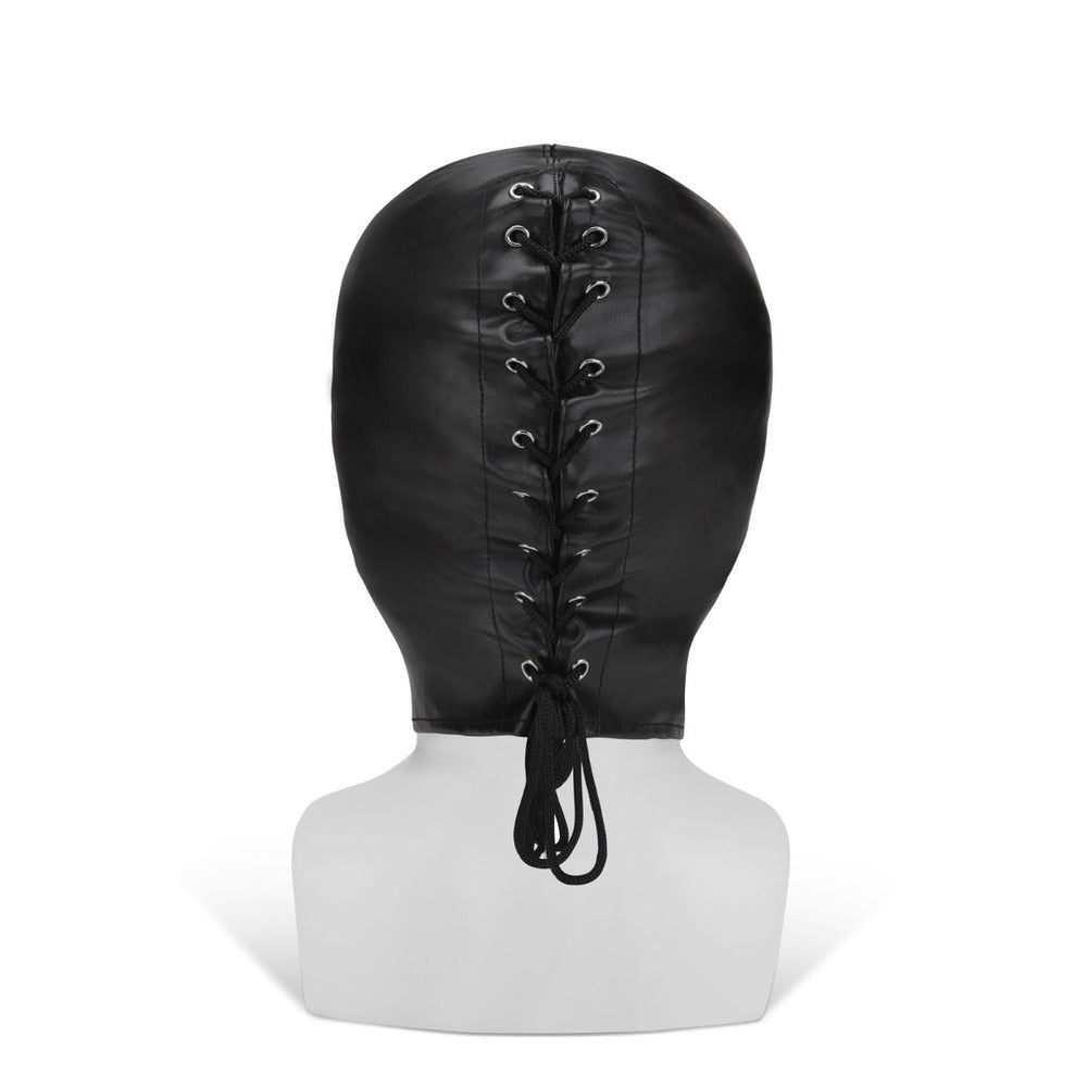 Black bondage hood with lace-up back