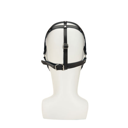 Black leather web hood mask on white mannequin head.