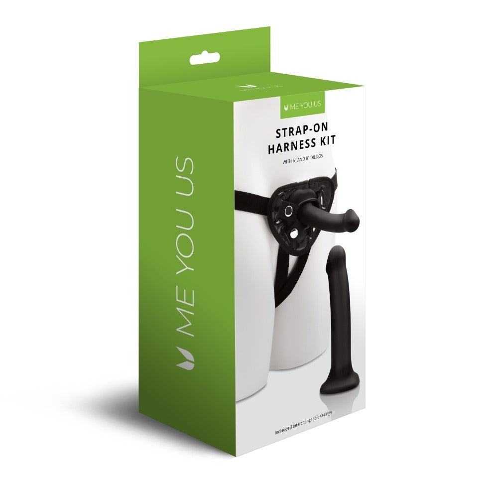Me You Us strap-on harness kit featuring 6" and 8" dildos for pleasure, exploration and connection.