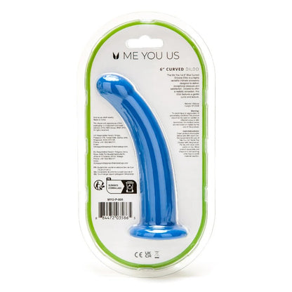 Me You Us 6" blue curved silicone dildo in packaging. A playful sex toy for adventurous pleasure.