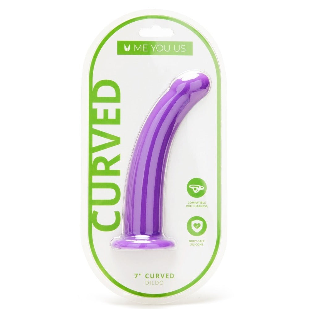 Packaged purple curved dildo