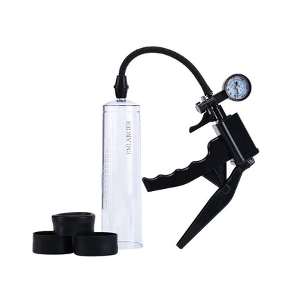 Me You Us X Factor Penis Pump, black handle, clear cylinder and three black sleeves.