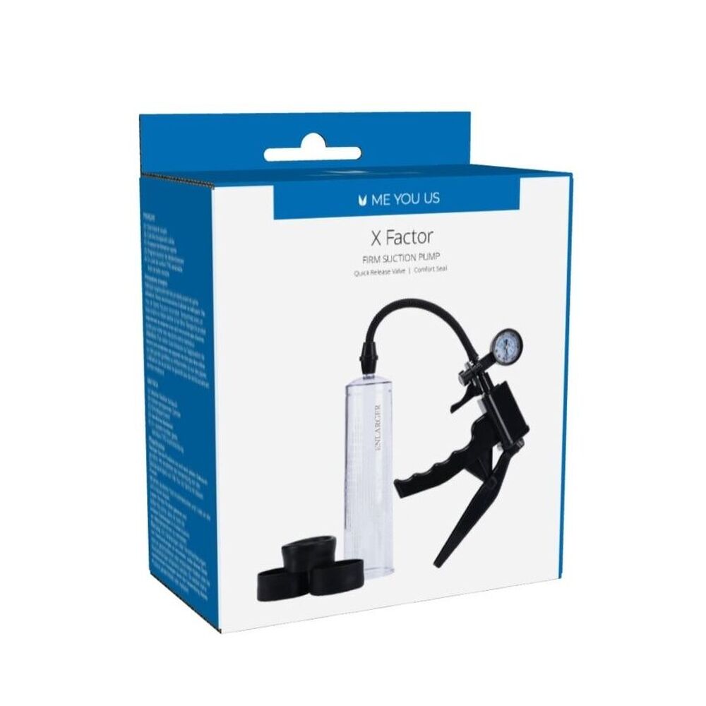 Me You Us X Factor penis pump in its packaging; firm suction for extra pleasure.