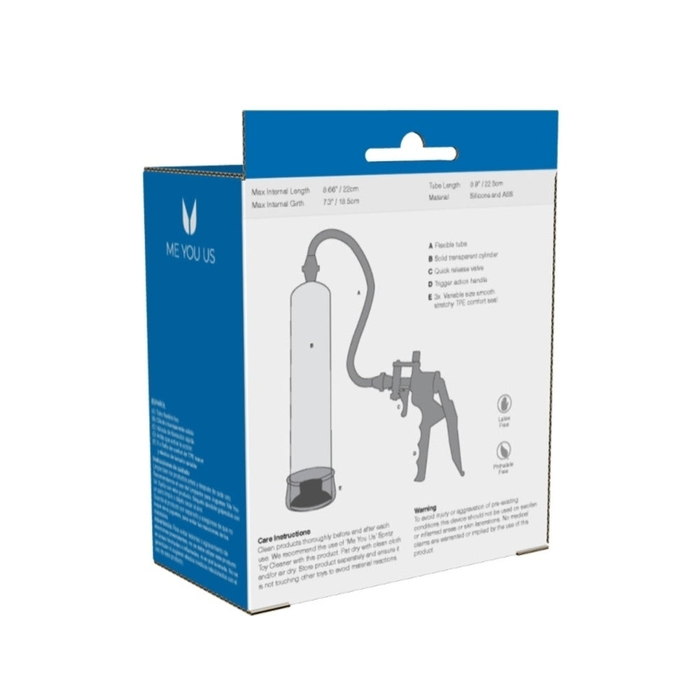 Me You Us X Factor penis pump kit in packaging, illustrating design and product information.