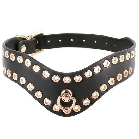 Black fetish collar with gold coloured detailing.

