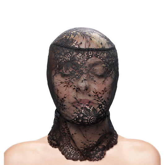 Black floral lace hood worn over a person's head, creating a sensual, mysterious look.
