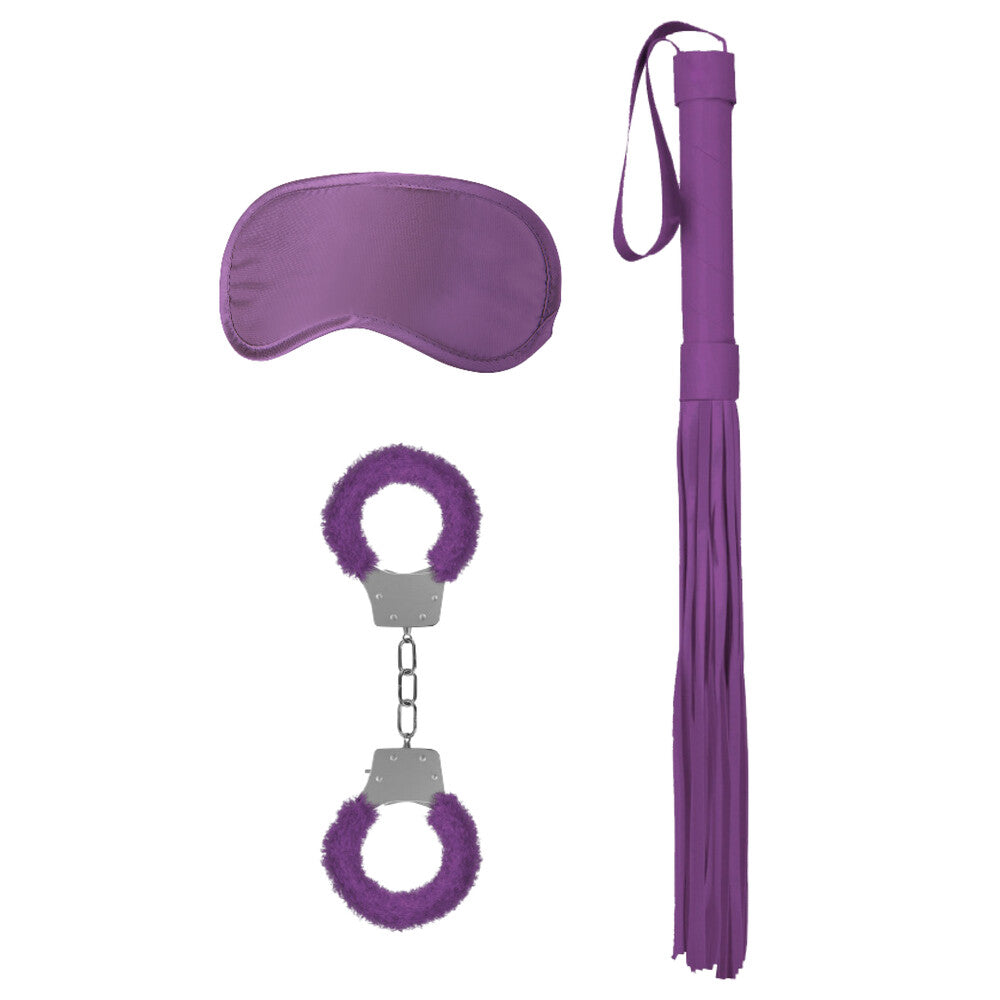 Purple bondage kit with fluffy handcuffs, eye mask and flogger.