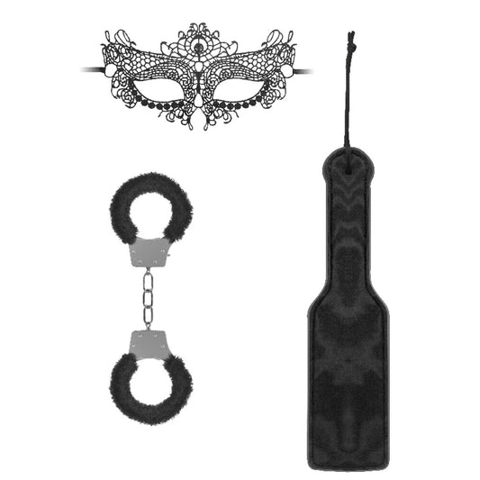 Ouch introductory bondage set with furry handcuffs, paddle and lace eye mask.