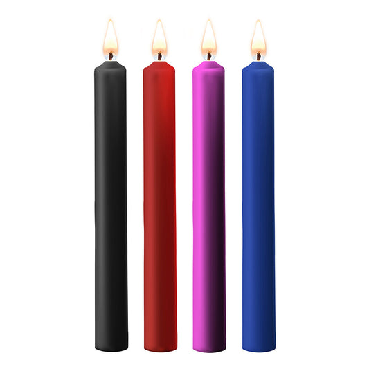 Teasing wax candles in black, red, purple and blue.