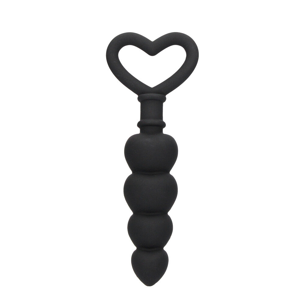 Black silicone anal beads with a heart-shaped handle, love beads from Shots Toys.

