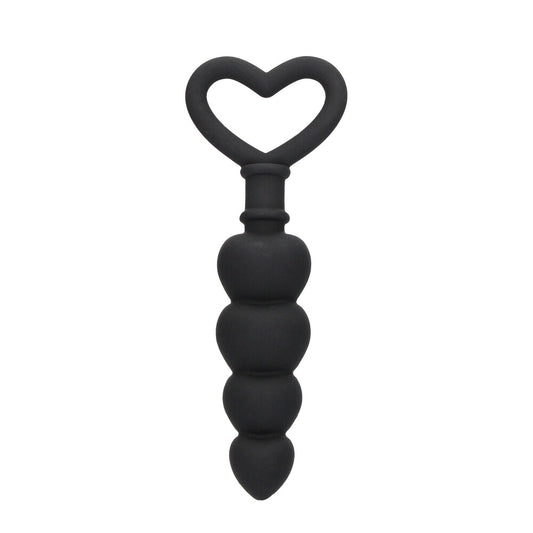 Black silicone anal beads with a heart-shaped handle, love beads from Shots Toys.
