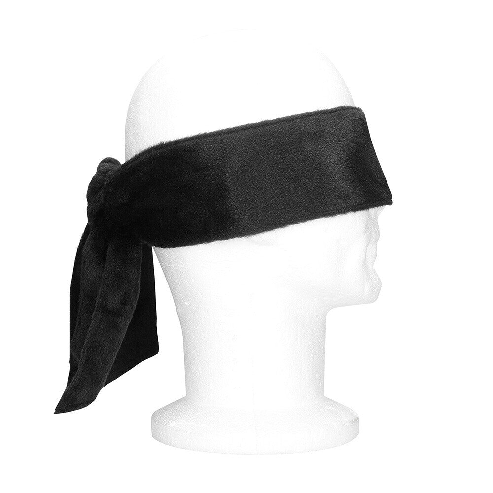 Black velvet tie-up blindfold on a mannequin.