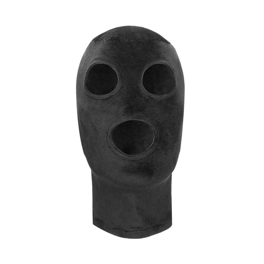 Black velvet Ouch mask with open eyes and mouth.