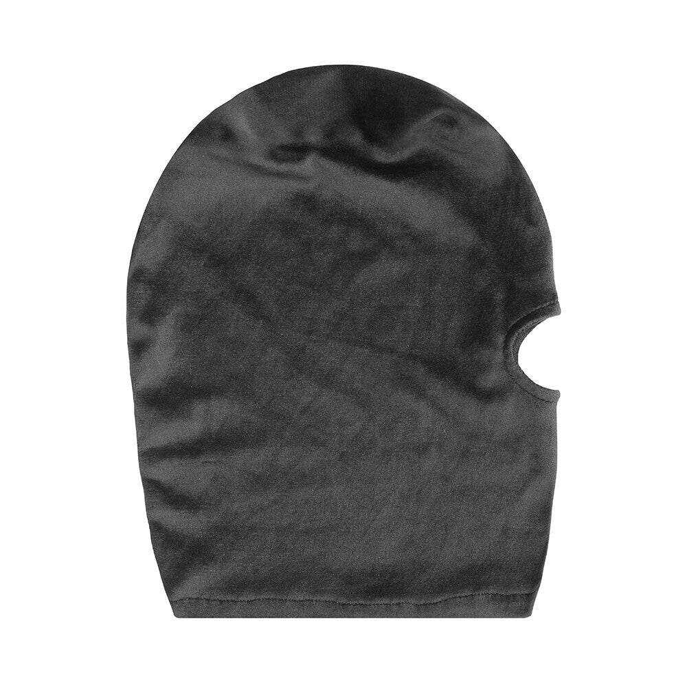 Black velvet mask with mouth opening.