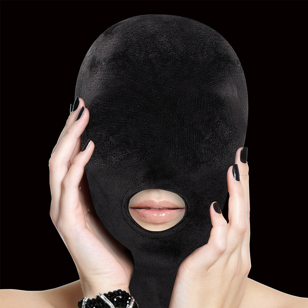 Black velvet Ouch mask with mouth opening
