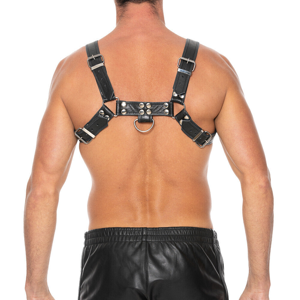 Man wearing a black leather Ouch Chest Bulldog Harness.