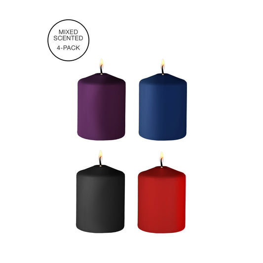 Four mixed scented tease candles from Shots Toys. Purple, blue, black and red wax.