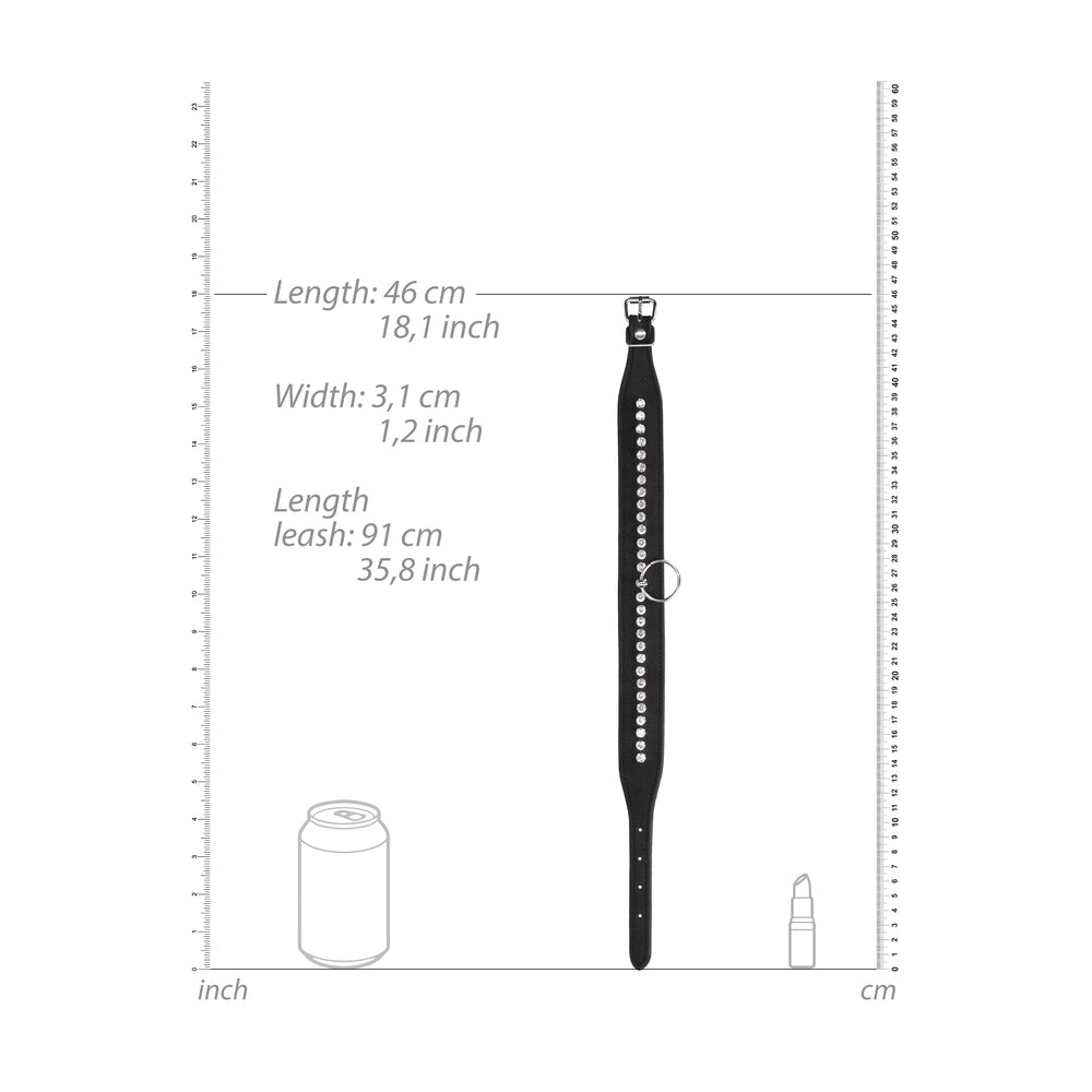 Diamond studded leather pet collar with leash measurements.