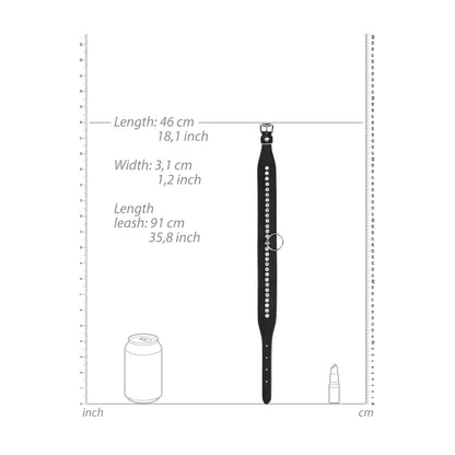 Diamond studded leather pet collar with leash measurements.