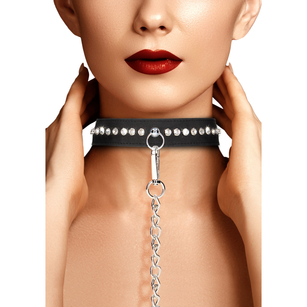 Leather-look collar with diamante detailing and a playful leash.
