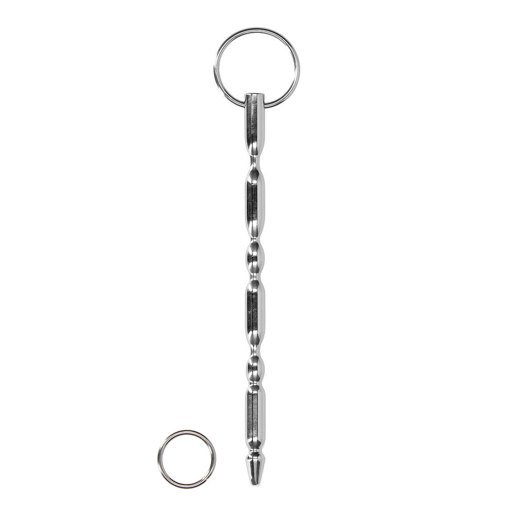 Silver steel urethral sound with ring.