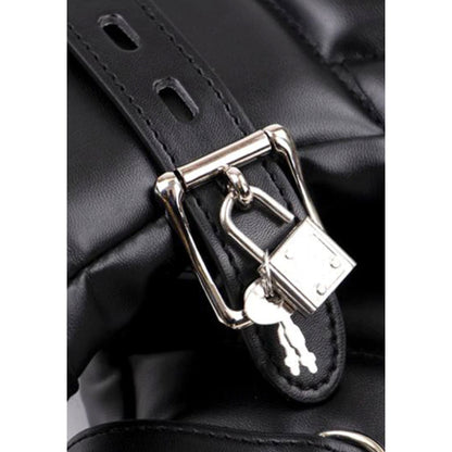 Close-up of a black neoprene restraint with buckle and padlock.