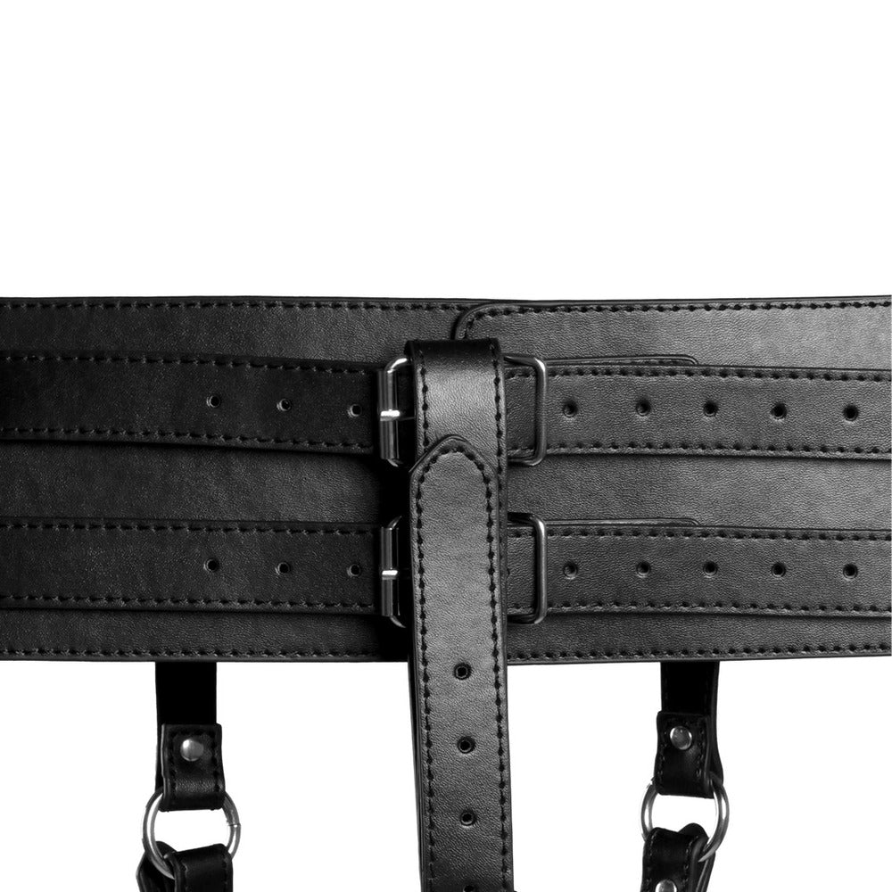 Black faux-leather Ouch Belt with adjustable buckles.