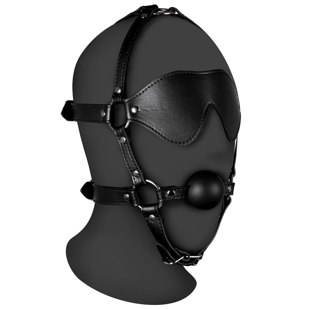 Black blindfold harness with a solid ball gag