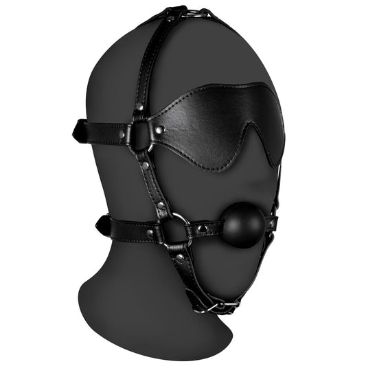 Black blindfold harness with a solid ball gag