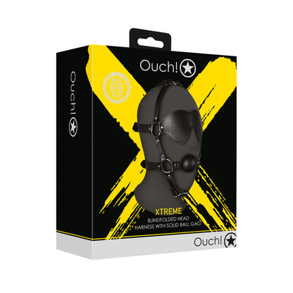Ouch Xtreme blindfolded head harness with solid ball gag product packaging.
