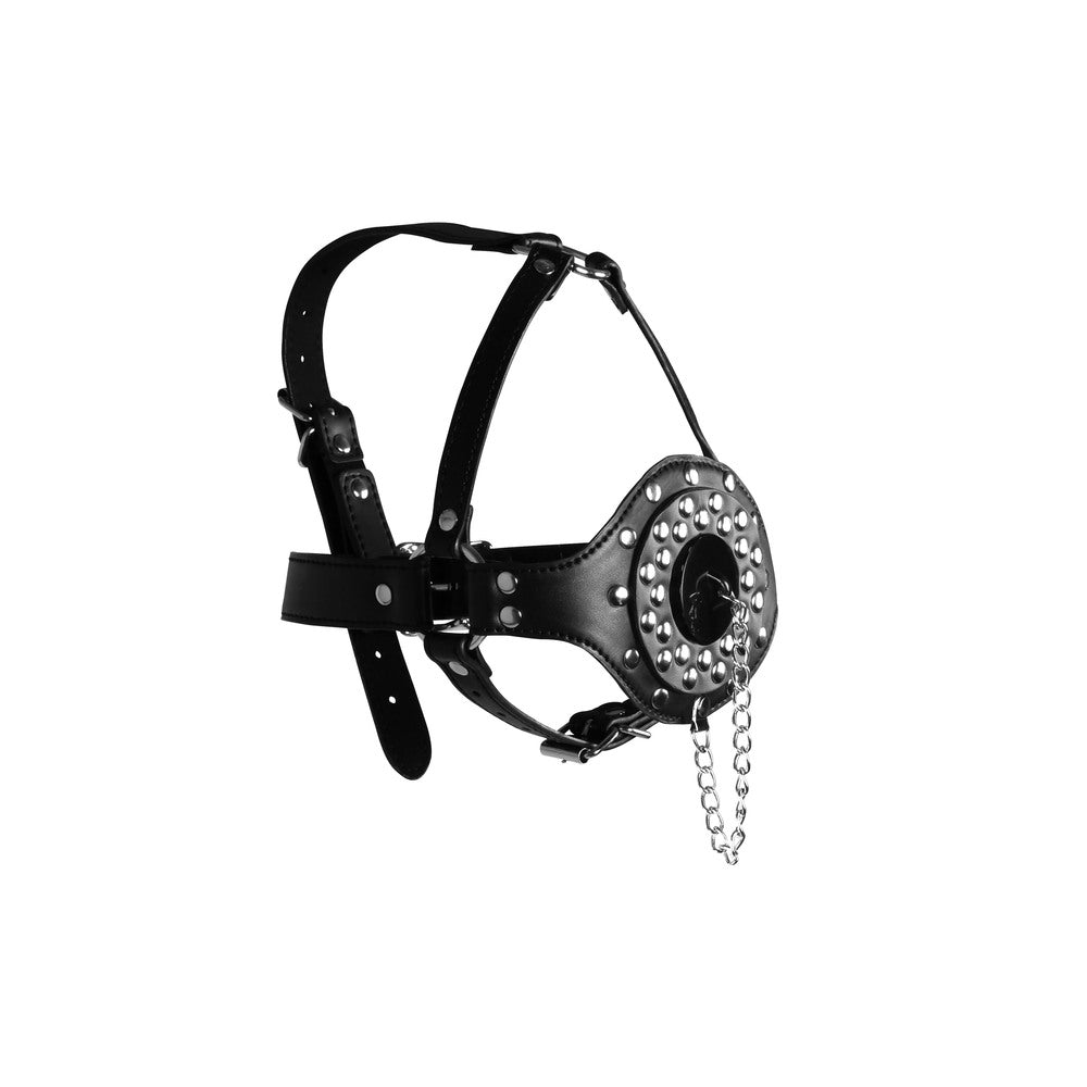 Black leather open mouth gag harness with plug.