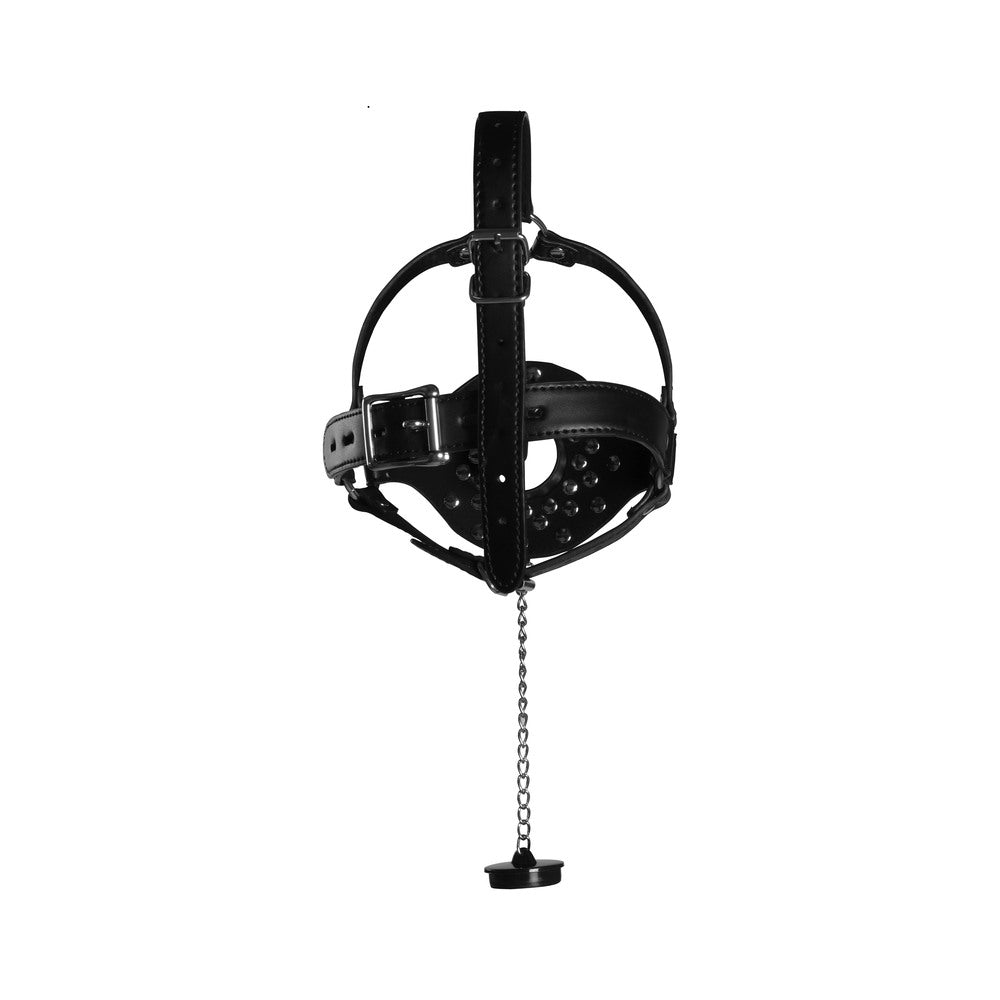 Black leather open mouth gag head harness with plug stopper.