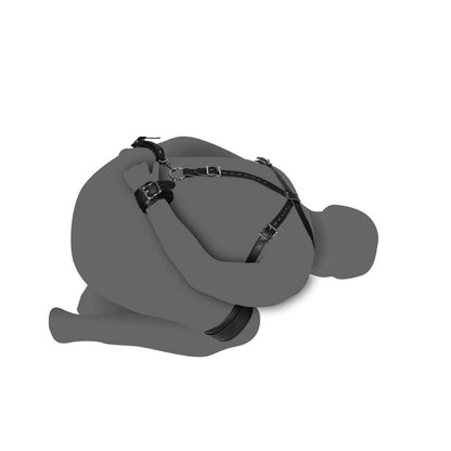 Bound in black, a leather harness and cuffs whisper sweet surrender. Let desire take hold.
