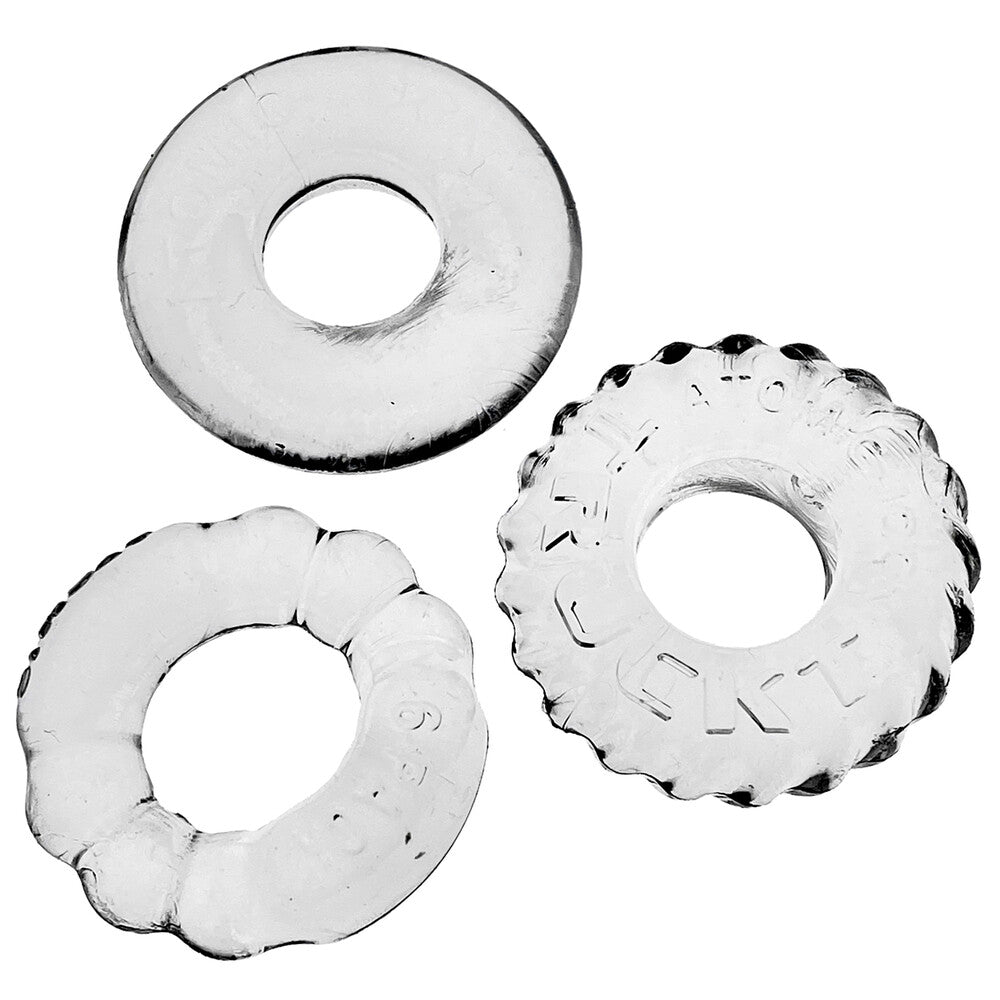 OXBALLS Bonemaker cockrings: Three clear rings with different textures for enhanced pleasure.
