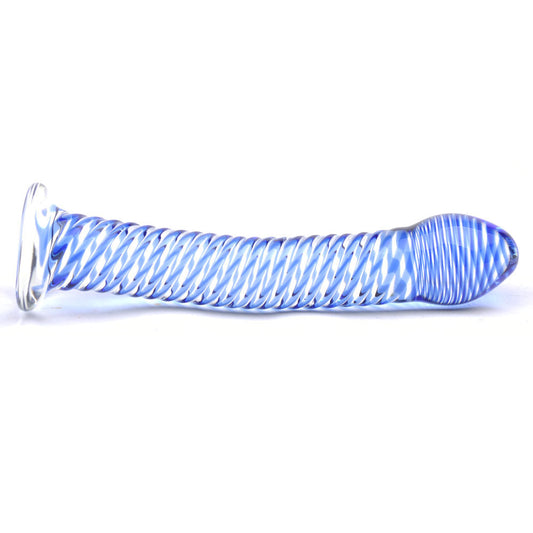 Glass dildo with a blue spiral design