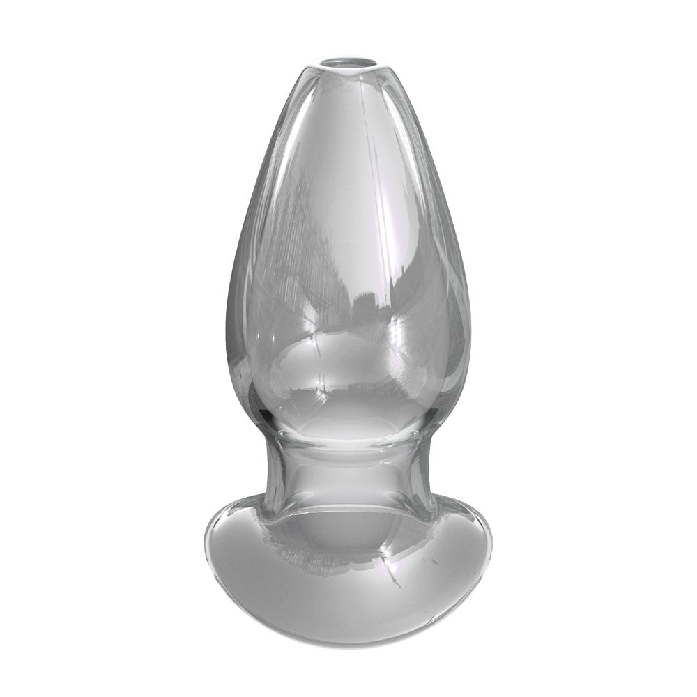 Crystal-clear glass pleasure plug, a tempting indulgence for intimate exploration and sensual discovery, designed for comfort and thrilling sensations.
