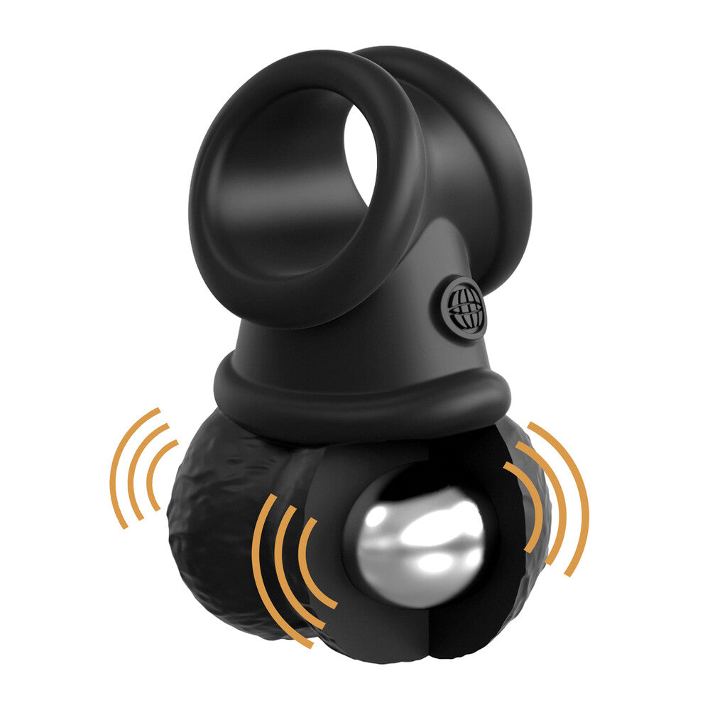 Black cock ring with vibrating weighted balls for thrilling pleasure.