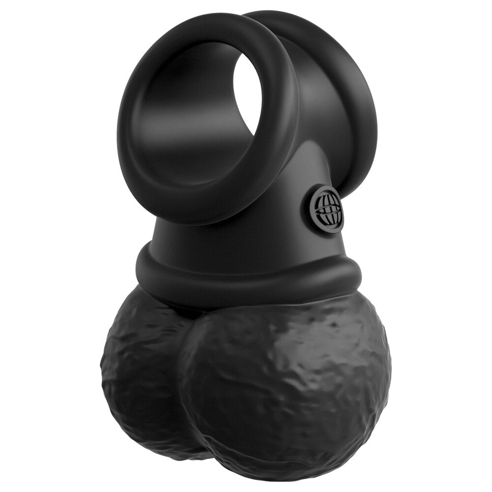 Black silicone cock ring with weighted ball design.