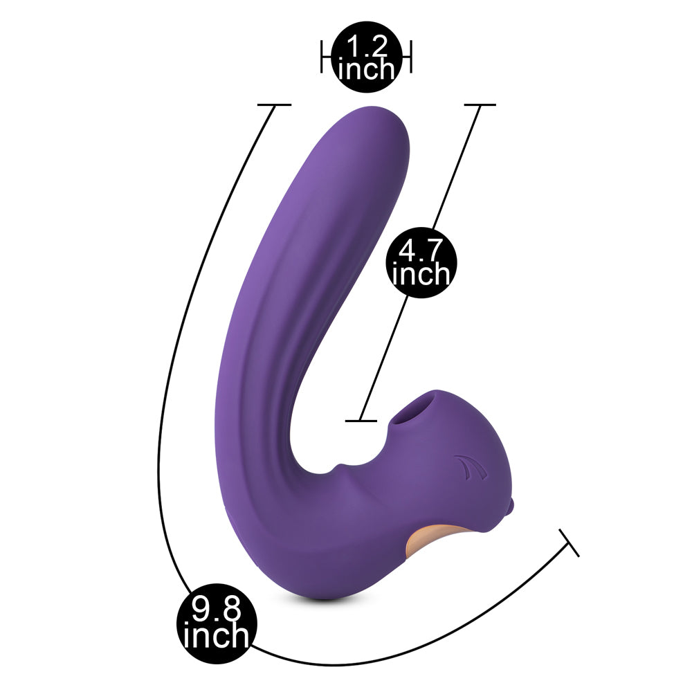 Purple dual-stimulator vibrator with dimensions noted.