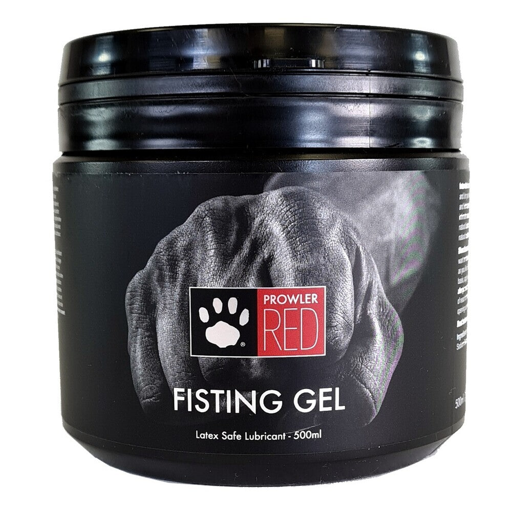 Prowler Red Fisting Gel 500ml in a black tub, latex safe lubricant.
