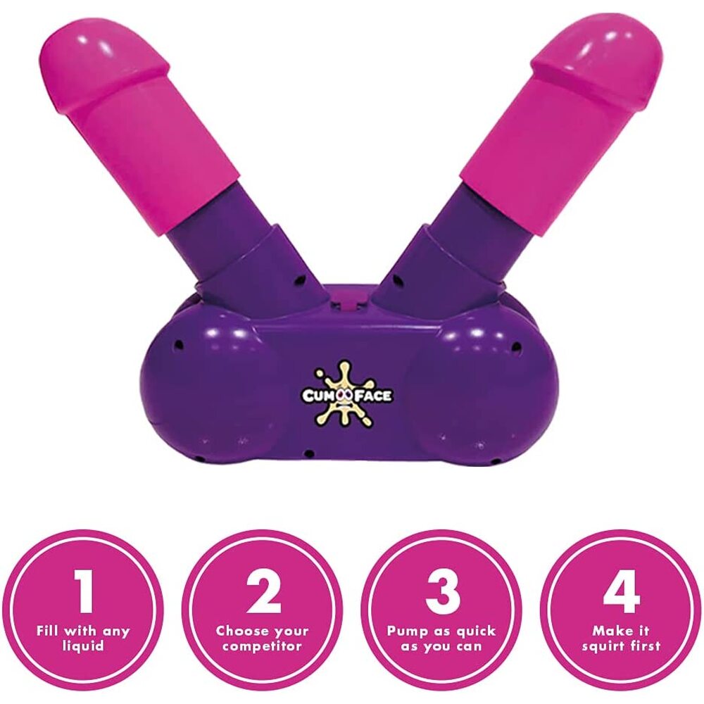 Playful purple squirting game with two pink nozzles and cheeky instructions.
