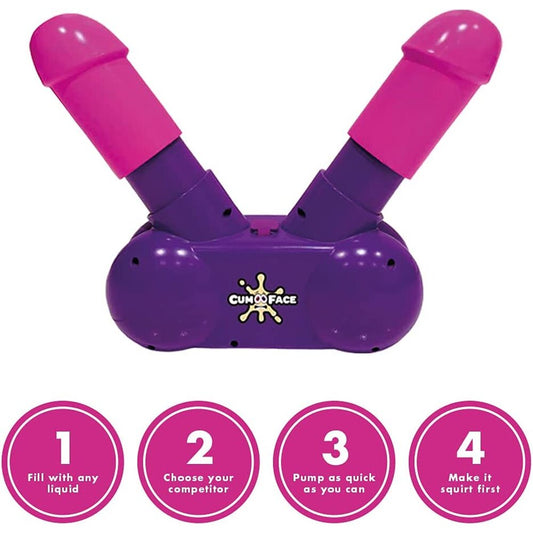 Playful purple squirting game with two pink nozzles and cheeky instructions.
