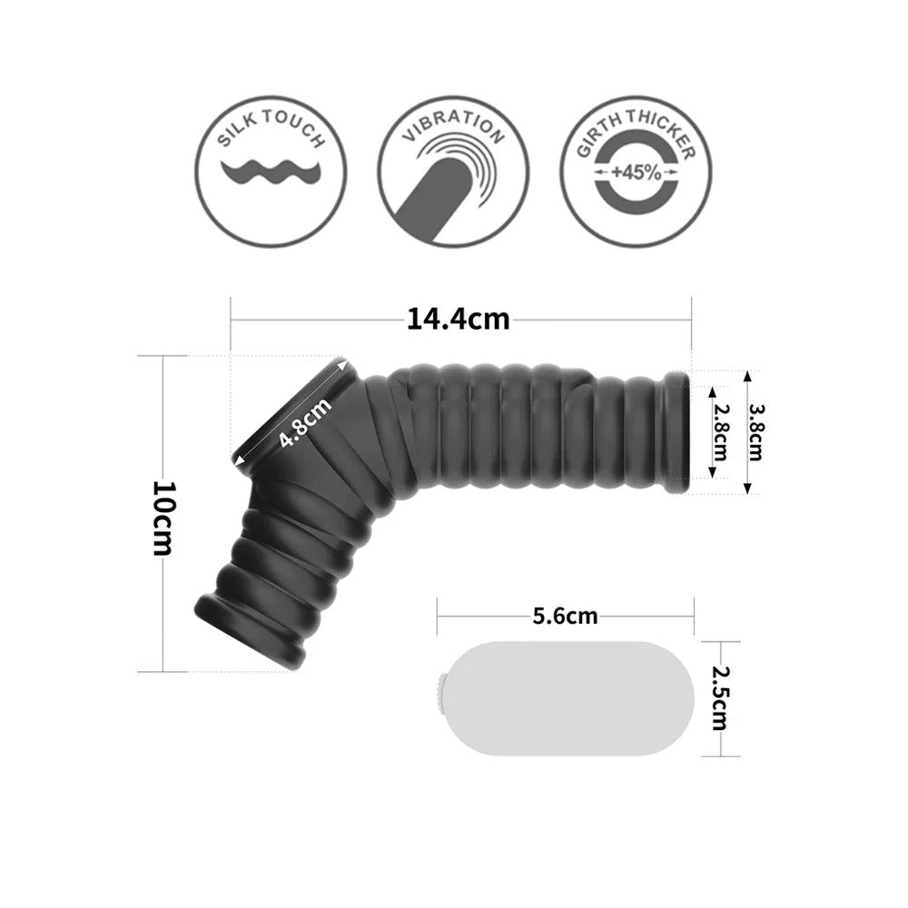 Dimensions of the LoveToy Wave penis sleeve, including length and width of the sleeve and vibrator.